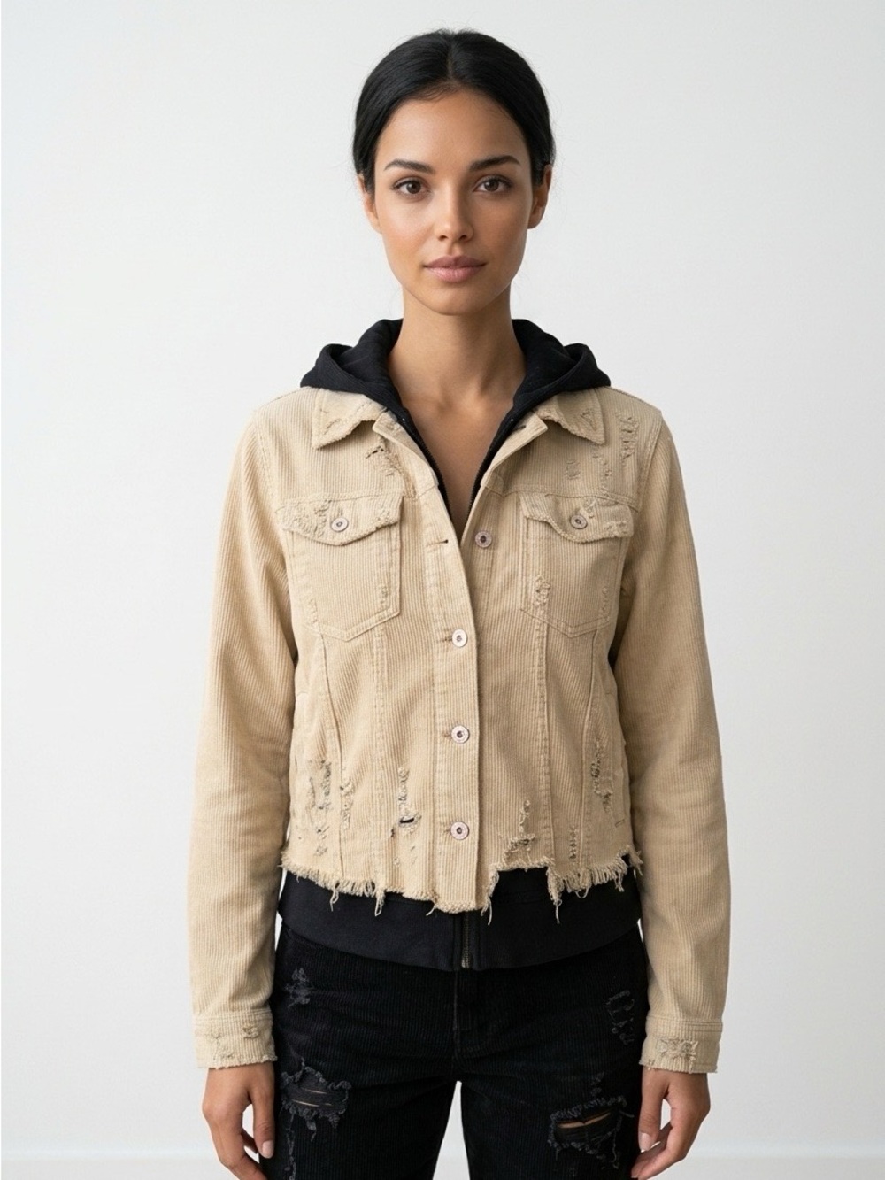 Free People Beige Distressed Denim Fleece Lined Jacket with Navy Hood Small